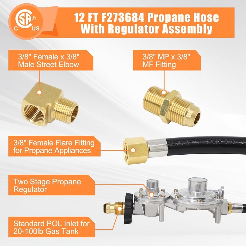 Criditpid F273684 12FT Propane Hose with Regulator for Mr Heater Buddy Heaters, Propane Tank Hose Adapter 20lb to 100lb for Mr. Heater, RV, Gill, Gas Stove, Gas Generator, POL Fitting & 3/8" Propane Adapter - Image 2